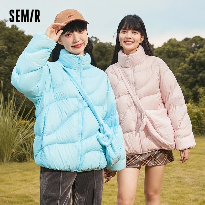Semir Down Jacket Women Solid Color Design Sense 2022 Winter New Three-Proof Loose Stand-Up Collar Coat Ladies All-Match