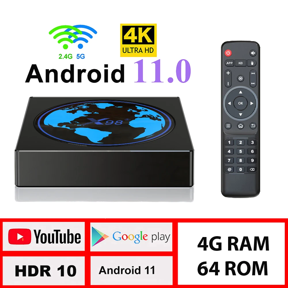 

LEMFO X98 Мини ТВ-приставка, Android 11, 4 Гб ОЗУ 64 Гб ПЗУ