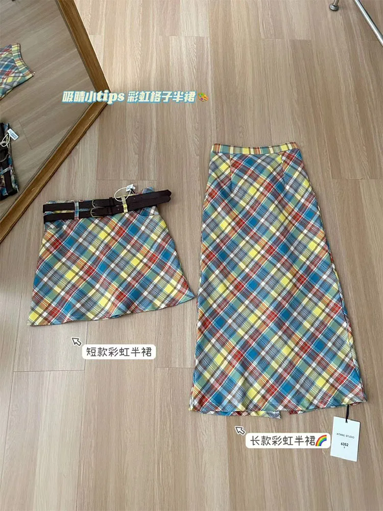 Harajuku Kpop клетчатая юбка Gyaru Клубная одежда Радужная трапециевидная с высокой