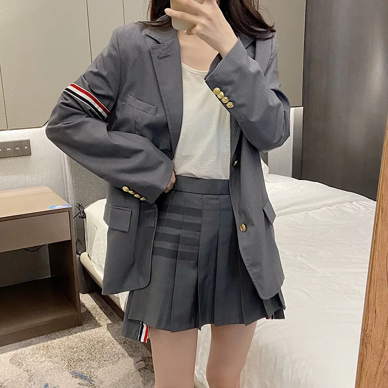 High Quality TB Armband Webbing Suit Women Loose Show Slim Sleeves Gold Button Suit British Style Lapel Casual Jacket Trend