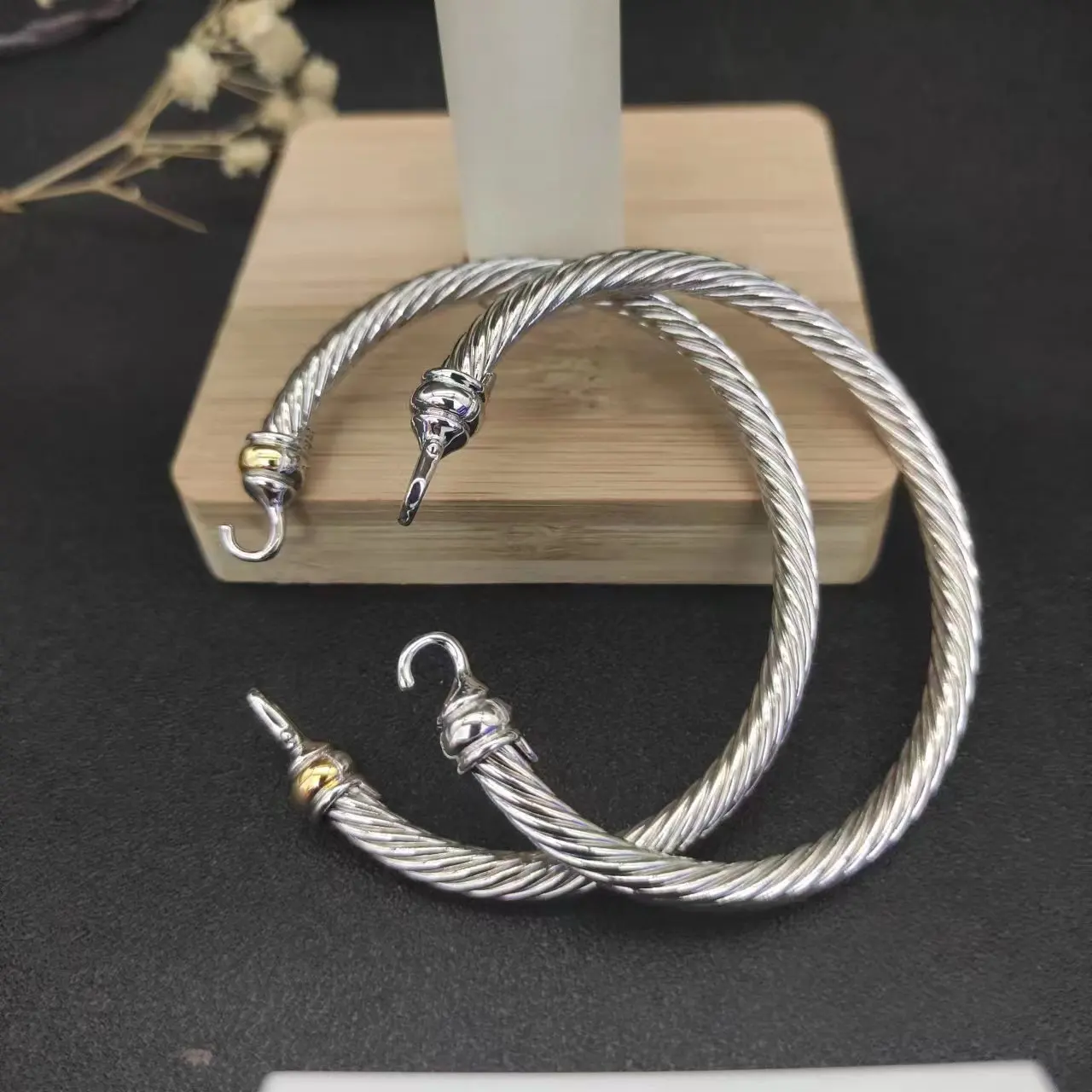 DY David Yurman 5MM Hook Twisted Wire Buckle Bracelet in Sterling Silver with 14K Yellow Plated