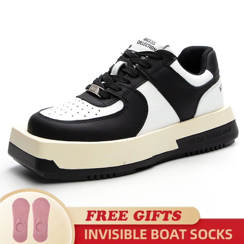 2023 Square Toe Chunky Sneakers Genuine Leather New Wedge Platform Shell Toe Breathable Vulcanized Summer Fashion Ladies Shoes