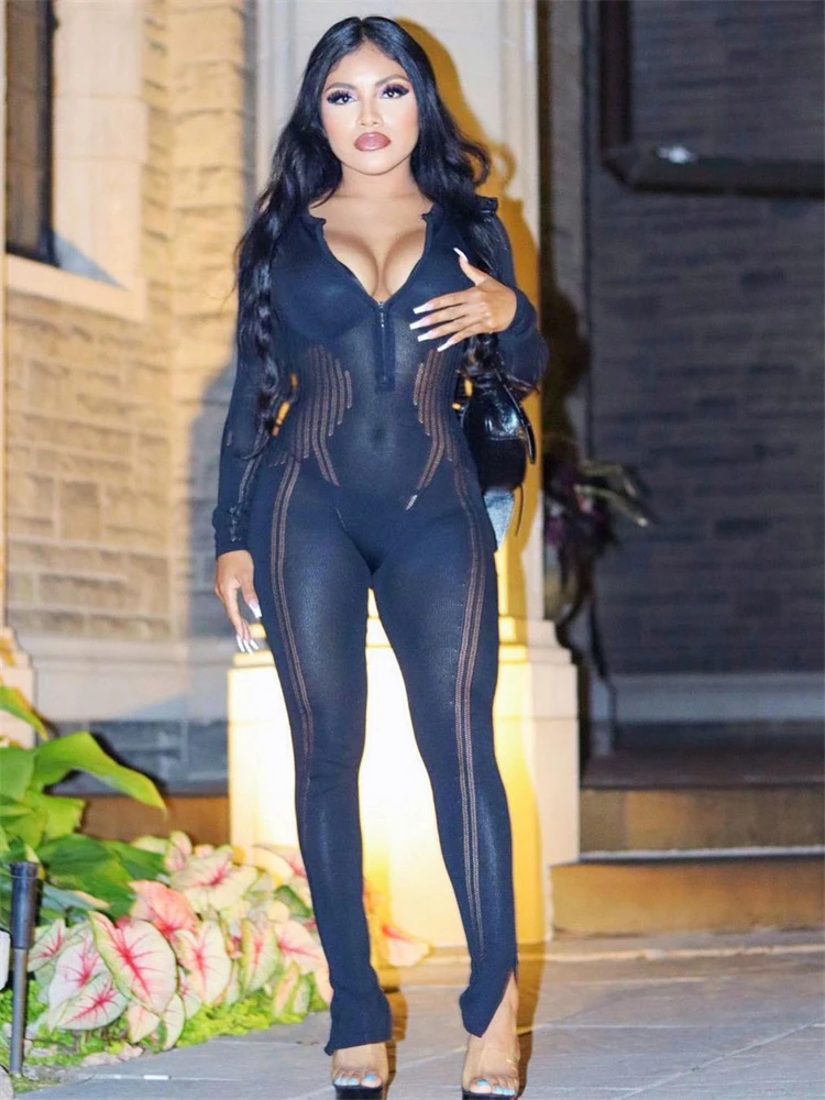 

YESIKEY Summer Jumpsuits Club Outfits Women One Piece Overalls Knitted Rompers Women Jumpsuit Stretch Hollow Out Zipper Sexy