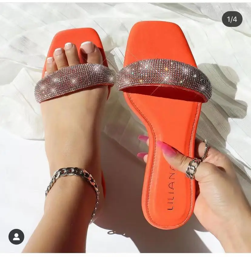 

New Women Summer Flats Bling Slippers Square Open Toe Slides Slippers Beach Flip Flops Plus Size Elegant Girls Sandals 37-41