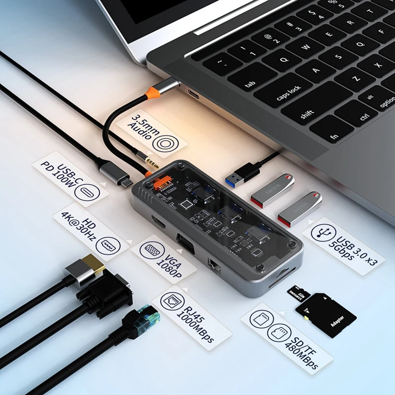 Док-станция 10 в 1 USB Type-C Многофункциональная станция для быстрой зарядки