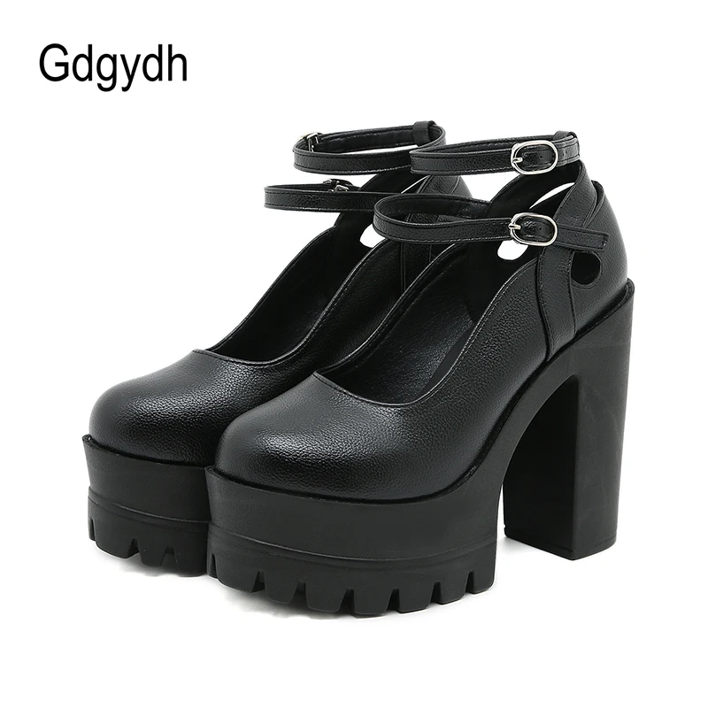 Gdgydh Womens Platform Mary Jane Ankle Strap Chunky Heels Shoes Buckle Strap Hollow Out Knight Party High Heels Pumps