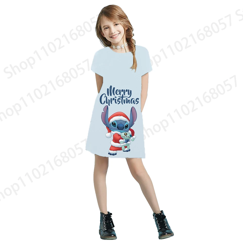 Купи Disney Stitch Dress Girls Tight Skirt Summer New Children's Clothing Printed Round Neck Short Sleeve Cartoon Cute Skirt за 126 рублей в магазине AliExpress
