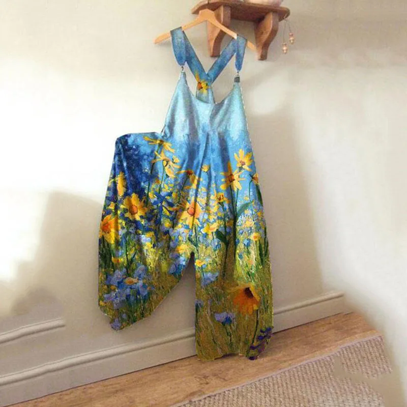 

Sunflower print casual overalls