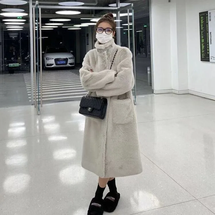 Nagodo Korean Faux Fur Coat 2022 Winter Women Long Overcoat Stand collar Mink Lamb Wool Long Furry Fluffy Fake Fur Coats