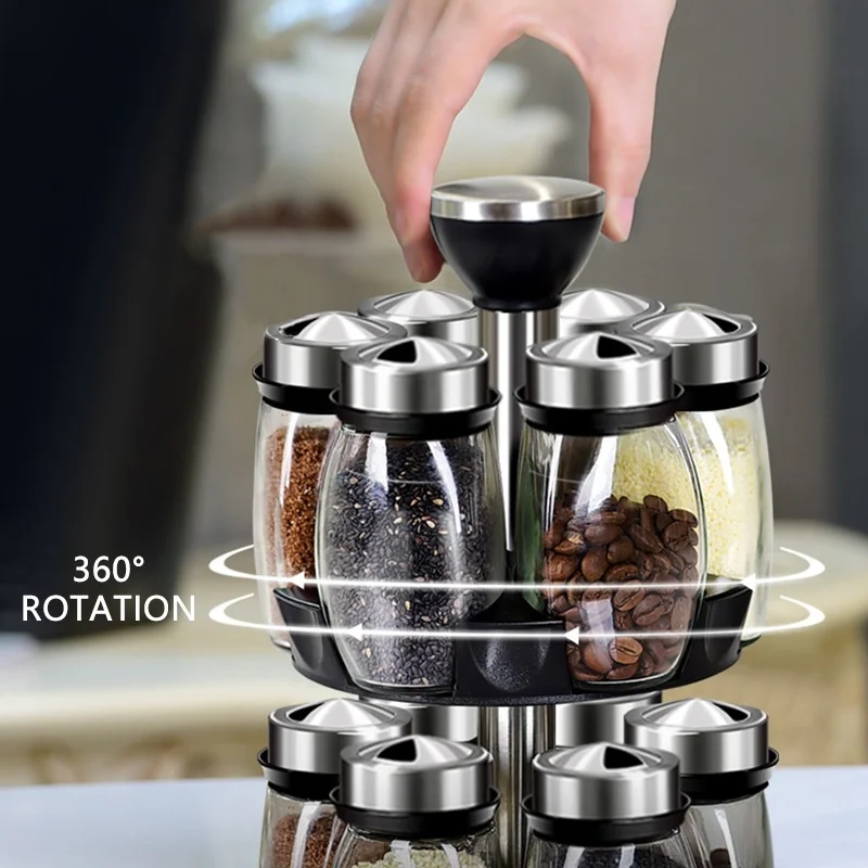 

360 Rotating Spice Jar Glass Bottle Pepper Sugar Salt Sealed Container Seasoning Box with Storage Rack Kitchen Accessories