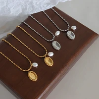 ins freshwater pearl necklace for women ellipse pendant clavicle chain korean fashion titanium steel jewelry accessories collier
