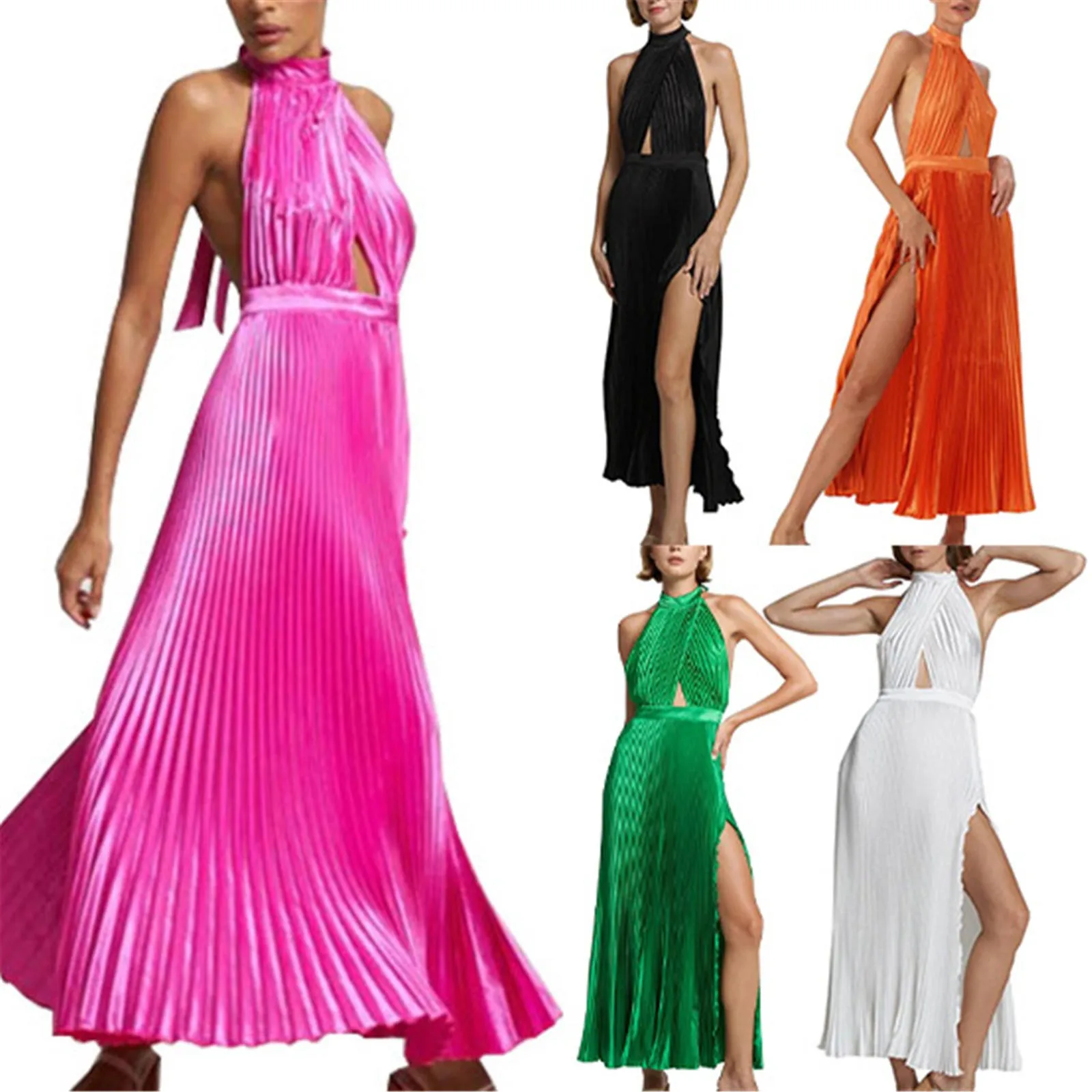 

RC3133 Ladies 2023 New Solid Color Pleated Neck Strap Dress Dresses for Women 5x