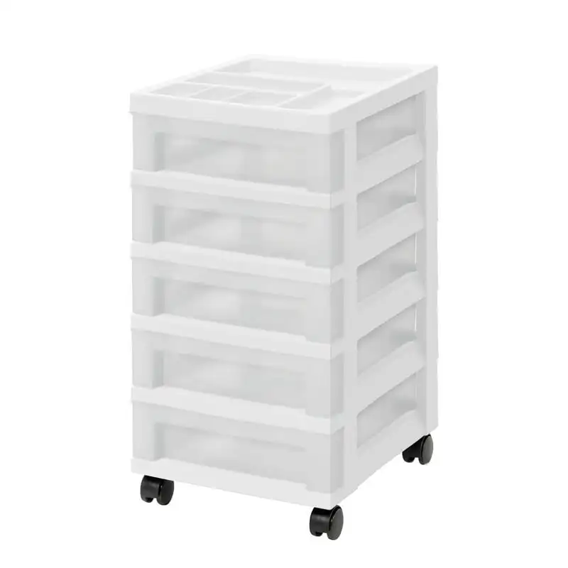 

5-Drawer Plastic Storage Cart with Organizer & Wheels, Adult, White, Pearl