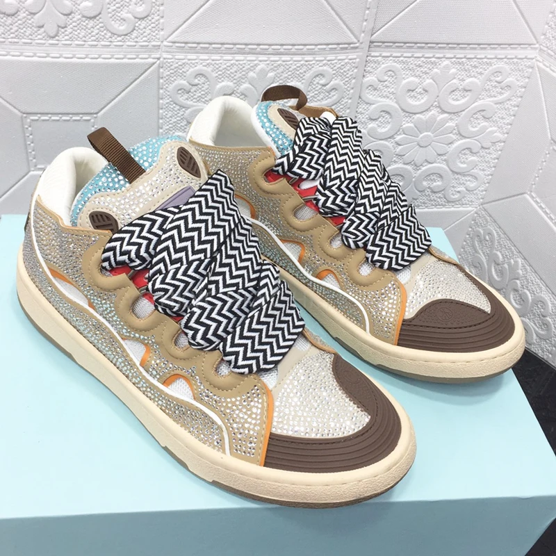 

Luxury High Qualtiy Women Sneakers Lace Up Crystal Genuine Leather Men's Flat Sneakers Running Shoes Walking Sneakers Patchwork