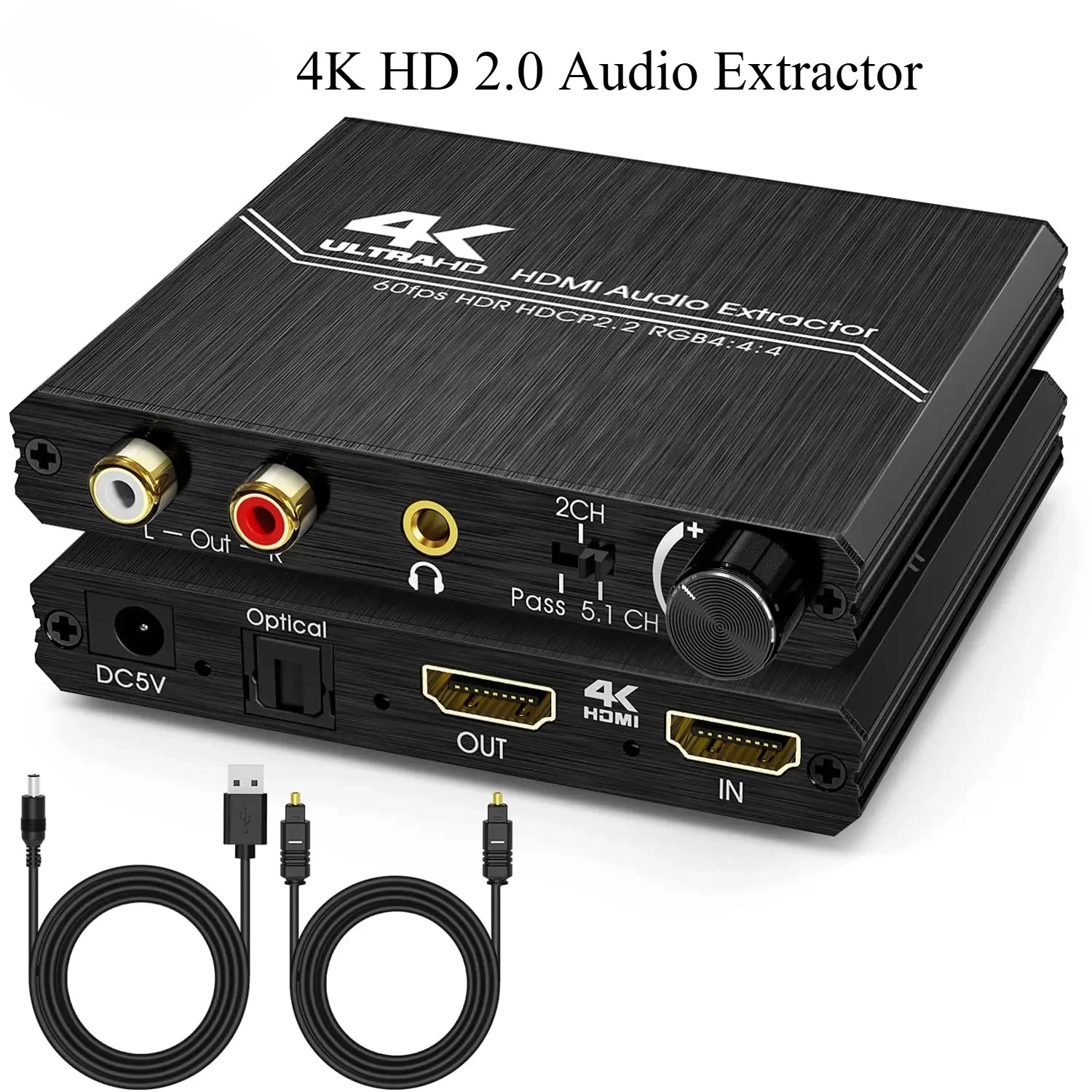 Фото Аудиоэкстрактор 4K 60 Гц HD 2.0 с оптическим выходом TOSLINK SPDIF 5.1CH R/L, 4K HD на SPDIF+R/L+3.5 мм, 18 Гбит/с, HDCP 2.2, с регулировкой громкости №1