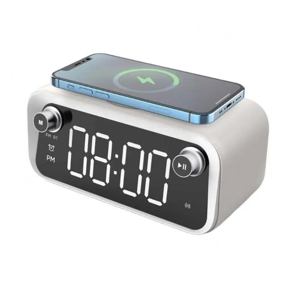 

New Style New Alarm Clock Led Desktop Clock Snooze Display Time 2023 Wireless Charging Bluetooth Clock Thermometer White