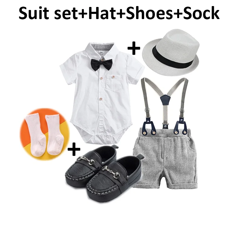 

Fashion Clothes Newborn Baby Boy Bow Tie Romper + Suspender Pants Shoes Sock Jazz Hat Summer Infant Set