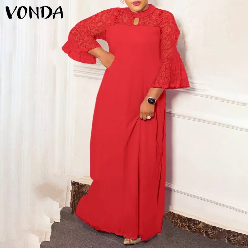 

VONDA Bohemian Women Spring VestidoRound Neck Flare Sleeve Robe Sexy Beach Sundress Femme Pleated Lace Long Maxi Dress Oversize