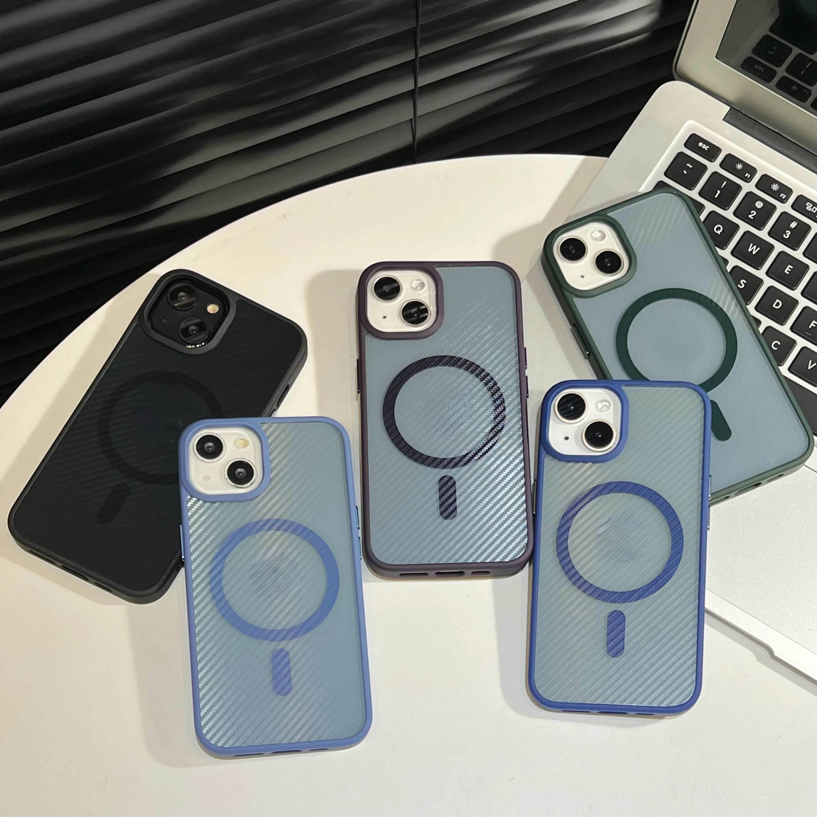 

Luxury Carbon fiber Magnetic For Magsafe Wireless Charging Case For iPhone 14 Plus 13 12 Pro Max metal buttons large hole Cover