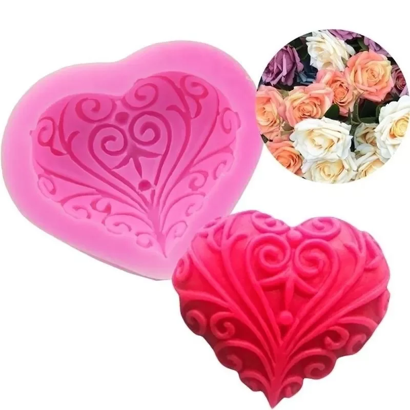 

NEW2022 Pink 3D Love Roses Heart-shaped Silicone Mold Fondant Cake Mold Baking Desert Cake Decorating