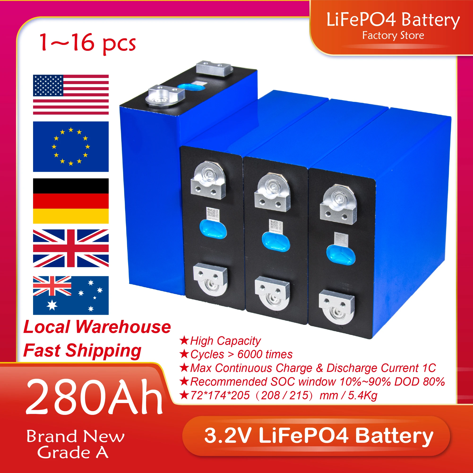 

1/2/4/8/16/32 шт. 3,2 В Ач LiFePO4 аккумулятор LF280K Совершенно новый класс DIY 48 в 24 в 12 В батарейный блок для домашней энергетической системы