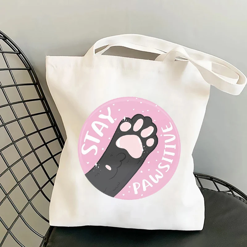 

Stay pawsitive Cute Paws Shoulder Bag Women Canvas Bag Harajuku Shopper Bag Fashion foldable Shopping Bags female Tote Bags 2022