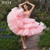 jeheth sexy charming puffy pink prom dresses spaghetti straps crystal short evening dress tea length puffy layers party dresses