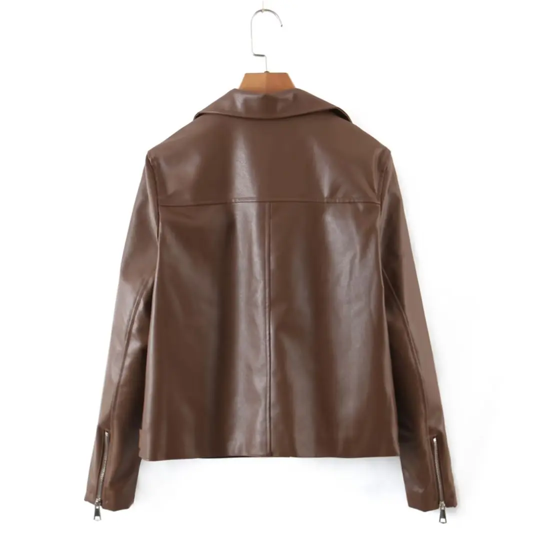 Brown Short Leather Coat Women's 2022 Autumn Vintage Loose PU Leather Motorcycle Skinny Leather Jacket Young Girl Short Clothes