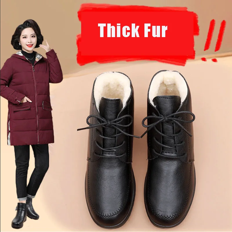 Купи Feerldi Brand Mom Warm Thick Fur Booties Woman Black Lace Up Wedges Fur Sneakers Women Ankle Leather Shoes Casual Outdoor Boots за 756 рублей в магазине AliExpress