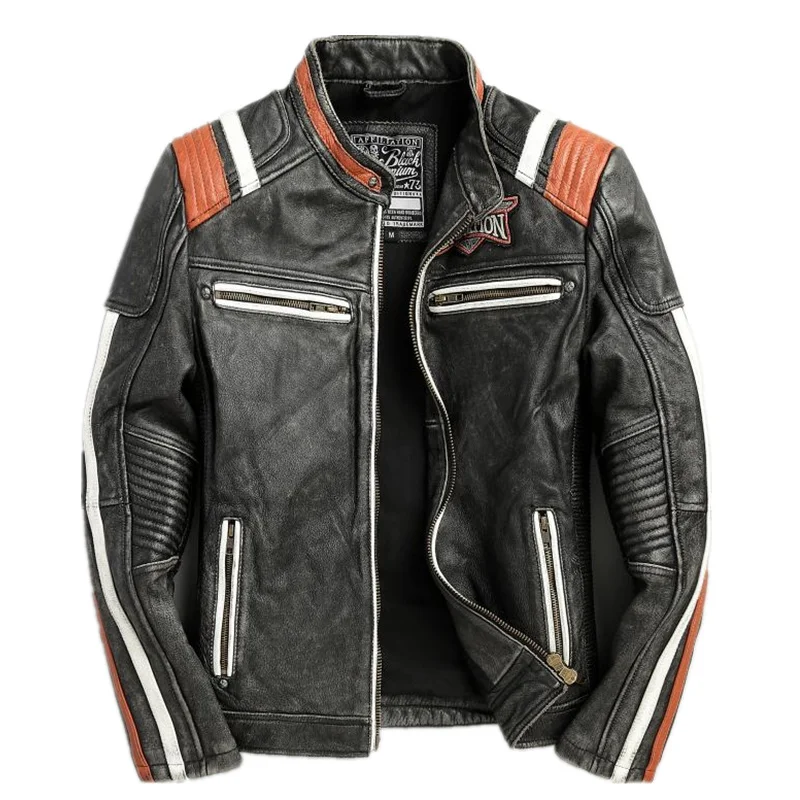 

Мужская мотоциклетная куртка из натуральной кожи, черная винтажная куртка в американском стиле, осеннее пальто из натуральной воловьей кожи с черепами, большие размеры 5XL, 2023