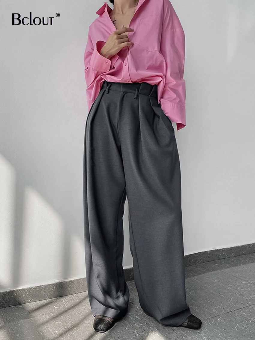 

Модные серые длинные брюки Bclout, женские осенние однотонные офисные женские плиссированные длинные брюки, повседневные широкие брюки с высокой талией для женщин 2023