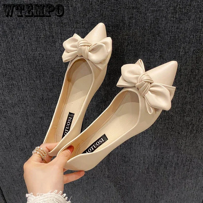 

Pointed Toe Bow Flat Sole Leather Shoes Women's Work Shoes Commuting Korean Fashion Shallow Slip-on Fairy Style Spring Autumn