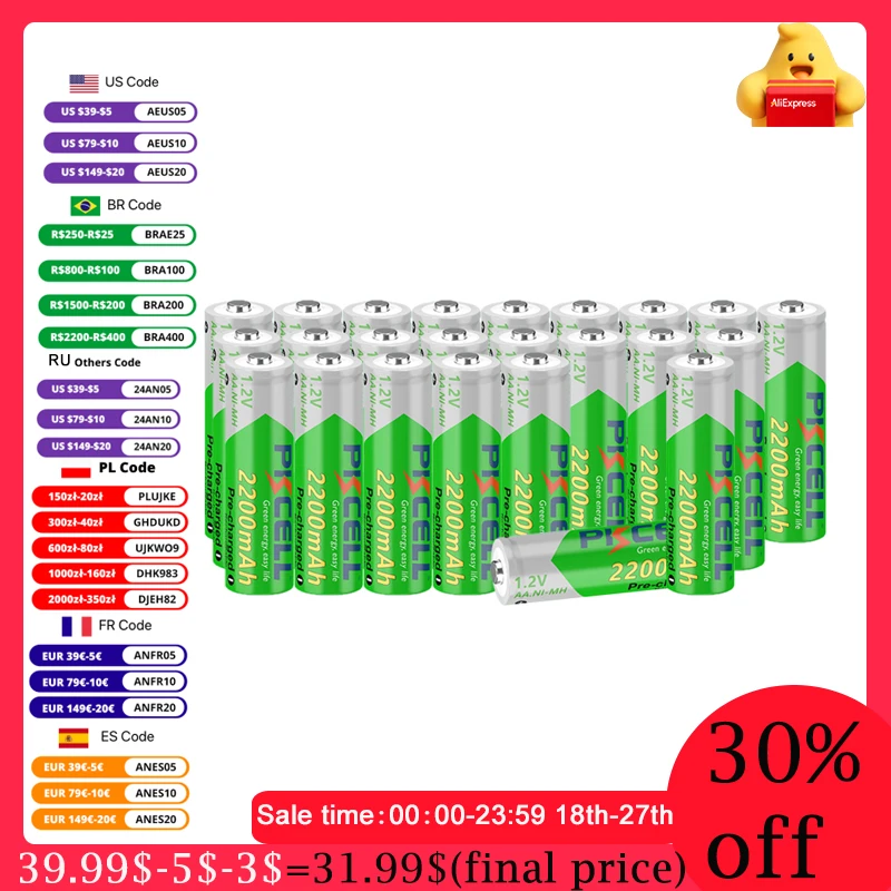 Аккумуляторная батарея 2А AA предварительно Заряженная 2200 мАч 1 2 в 5 шт.
