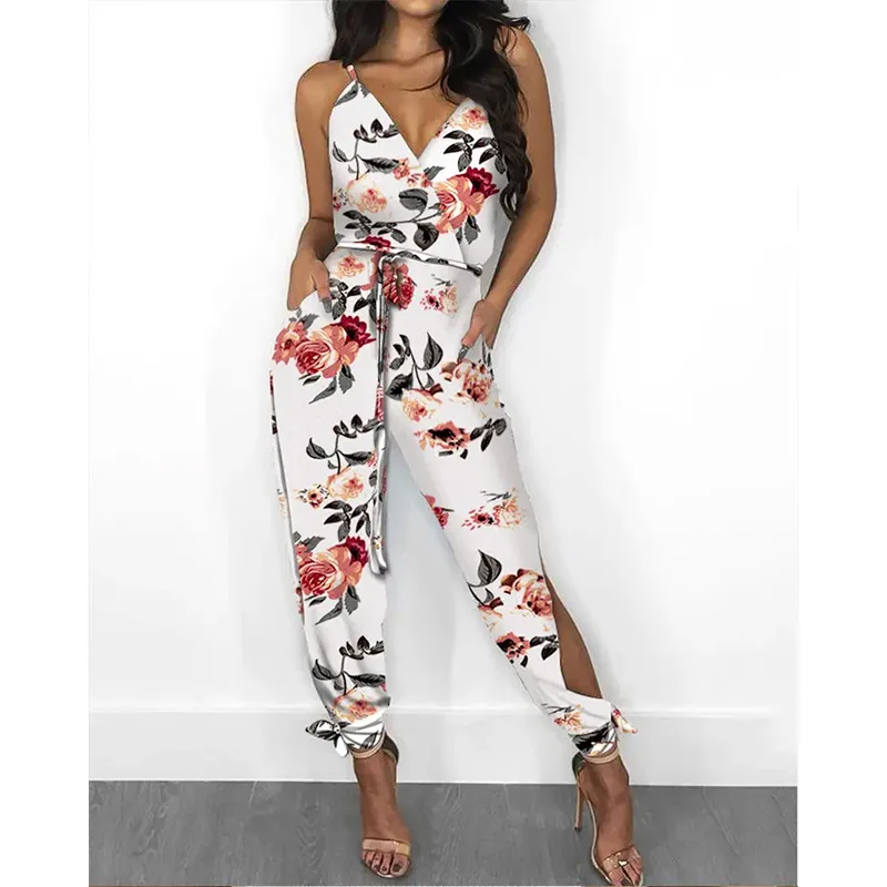 

Mandylandy Women Elegant Summer Jumpsuit Fashion Floral Print Strap V Neck High Waist Corset Pencil Pants Romper Streetwear