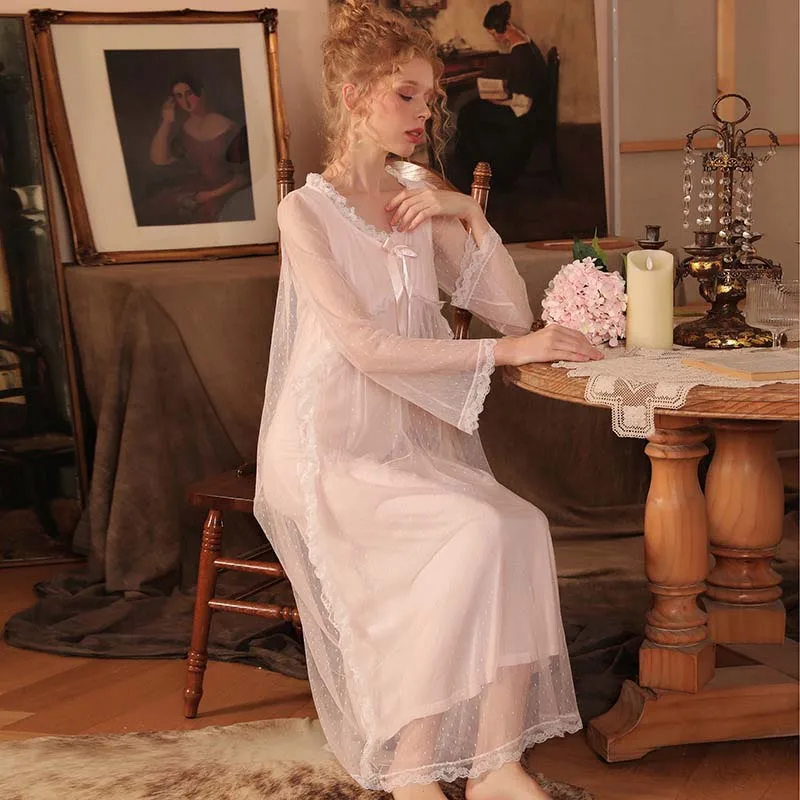Roseheart New Women Homewear White Pink Sexy Sleepwear Nightdress Lace Nightwear Luxury Nightgown Court Homewear Court Gown