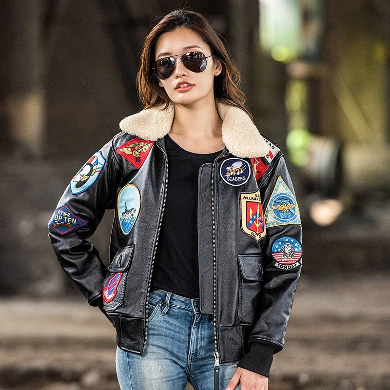 Dark Brown TOP GUN Maverick G1 Jacket Women Military Style Natural Thick Cowhide Winter Warm Aviator Genuine Leather Coats