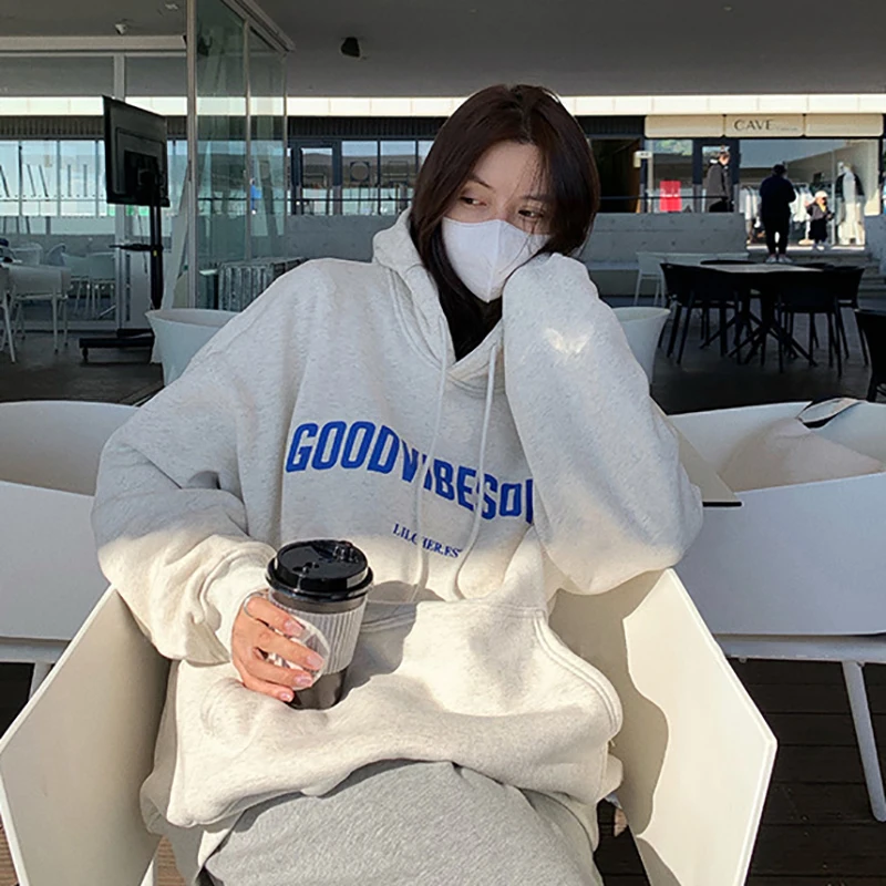 

Letter Print Hoodies Women Vintage Autumn Winter Long Sleeves Sweatshirt Harajuku Casual Warm Oversized Streetwear Pullover Tops