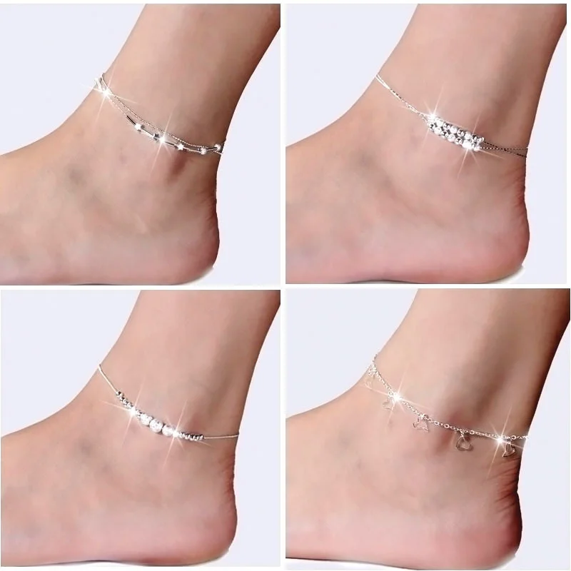 

925 Sterling Silver Anklet Women's Fashion Simple Bell Multi-layer Star Rhinestone Lucky Beads Women's Beach Silver Foot Jewelry