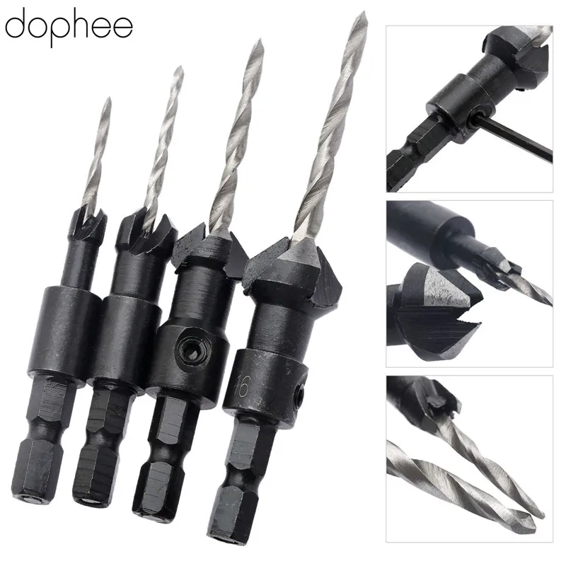 

4pcs/1set Quick Change Carpentry Countersink Drill Bit Hole Saw Woodworking Tools Wrench #6 #10 #13 #16 HSS Twist Mini Drill