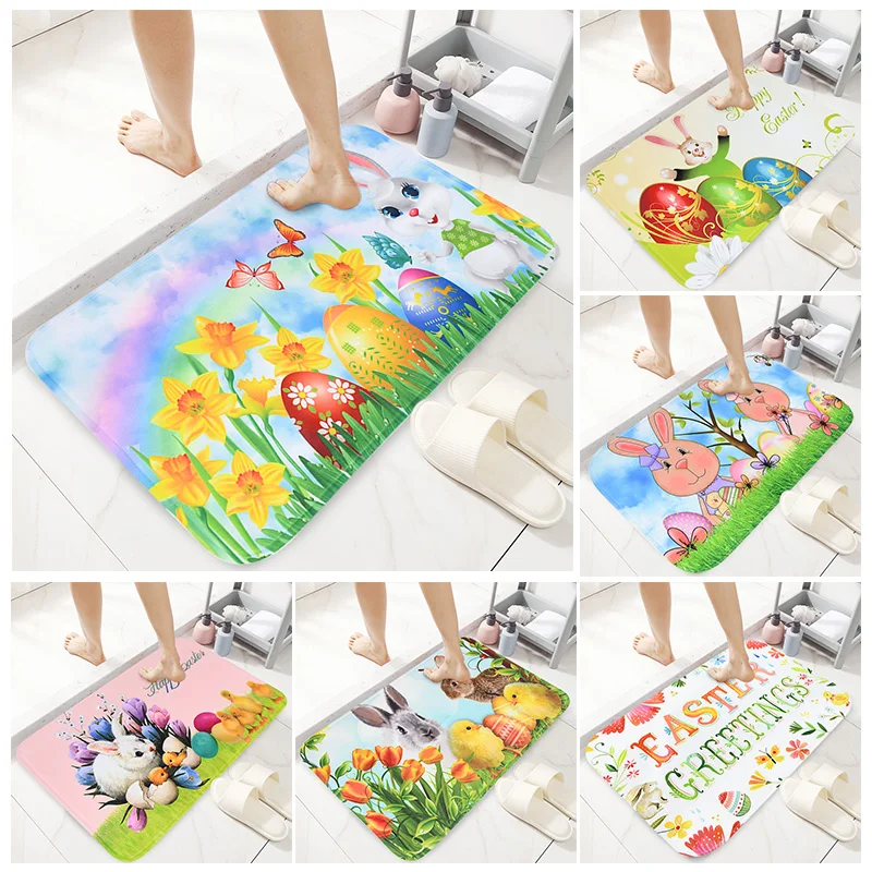 

Happy Easter Rugs Bunny Eggs Flower Cute Bath Rug Runner Comfort Mat Non-Slip Doormats Carpet for Bathroom Kitchen