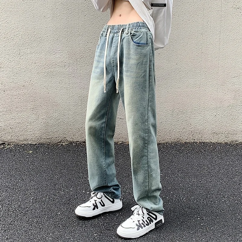 Blue Baggy Jeans Men Fashion Retro Drawstring Straight Jeans Men Japanese Streetwear Hip Hop Loose Denim Pants Mens Trousers