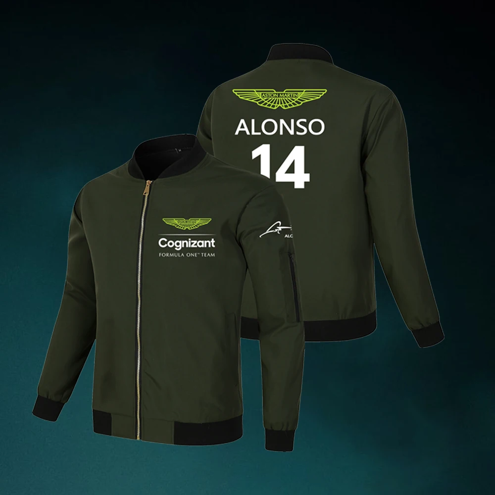 

2023 Formula One Aston Martin Racing Baseball Jacket Mens Army Green Outdoor Mountaineering Bomber Jacket No. 14 Driver Alonso