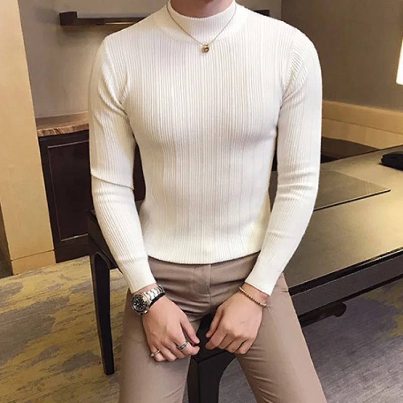 High Quality Pullover Sweaters  Casual Striped  Sweater Men Half High Collar Stretch Tight Sweater Slim Fit Knit  Mens Clothes images - 6