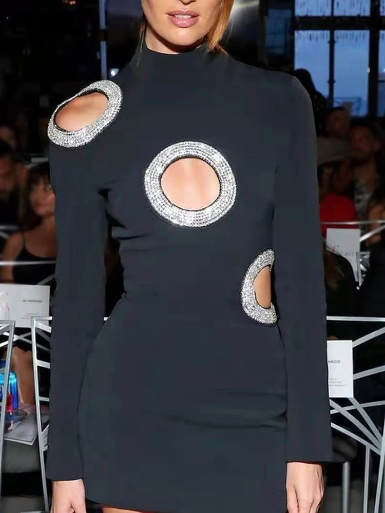 

LGRQ 2023 Elegant Temperament Diamond Hollow Out Splicing Women's Dress High Quality Luxury Slim Long Sleeve Dresses New 19F3136