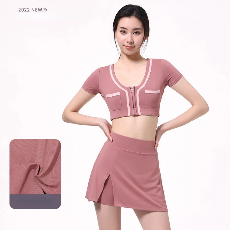 2022 New Tennis Skirts Set Short Sleeve Crop Top Sports Short Skirt Fitness Suit Workout Dress Golf Wear Badminton Sports Skirt