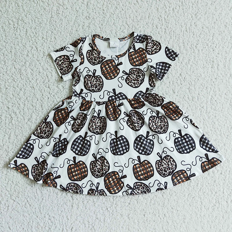 

Baby Girl Pumpkin Fall Toddler Twirl Dress Short Sleeves Plaid Leopard Children Cute Clothes Wholesale Kids Infant Thanksgiving