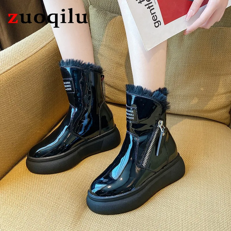 

New keep warm winter boots women waterproof snow boots fur winter shoes women patent leather botas femininas platform boots ankl