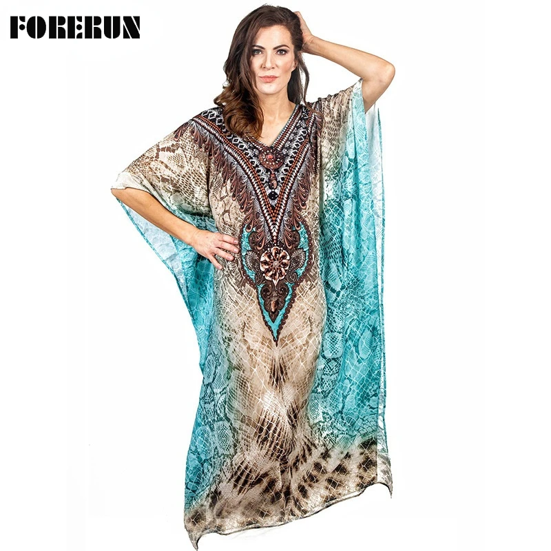 

FORERUN Kaftan Dress Women Blue India Folk Leopard Print Long Dress Bat Sleeve Loose Robe Plage Femme Swimwear Beach Cover Up