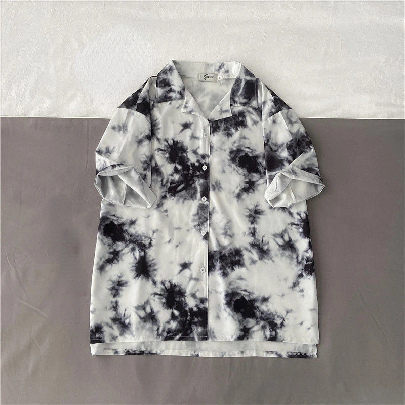

2022 Summer Black Tie Dye Button Up Shirt for Men Women Blouse Hawaiian Beach Loose Casual Clothing Cardigan Vintage Streetwear