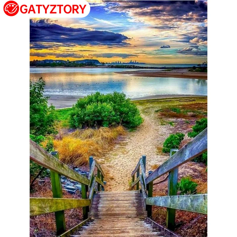 

GATYZTORY масляная краска по номерам, пейзаж, акриловая краска, рисование на холсте для взрослых, Озерная ручная краска, домашний декор